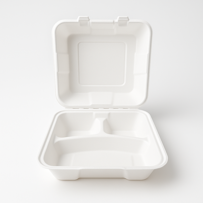 3-compartment sugarcane menuboxes 20.3×20.3 cm (1100 ml)