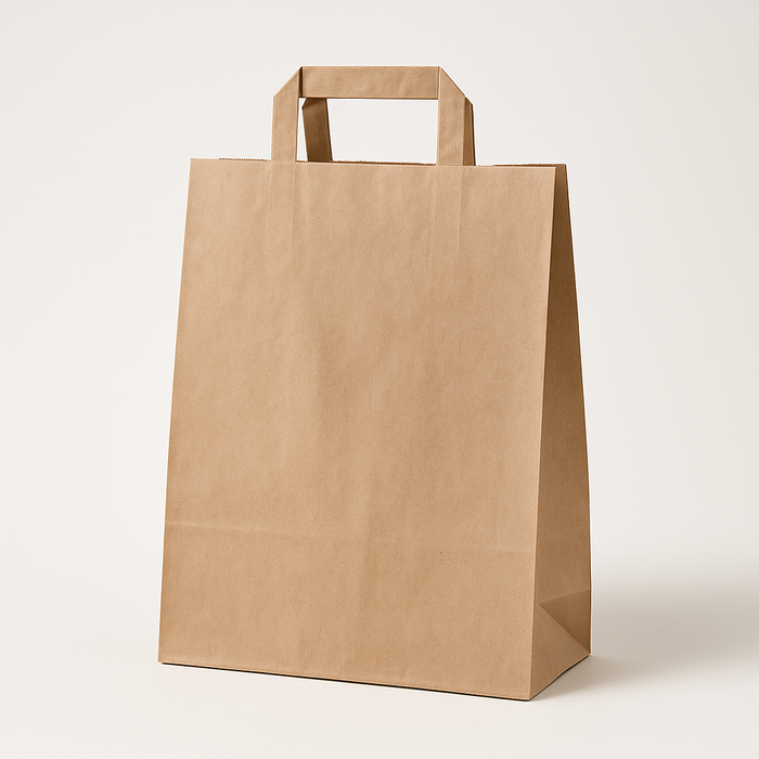 Sacchetti marroni in carta con manici piatti 250x140x300 mm